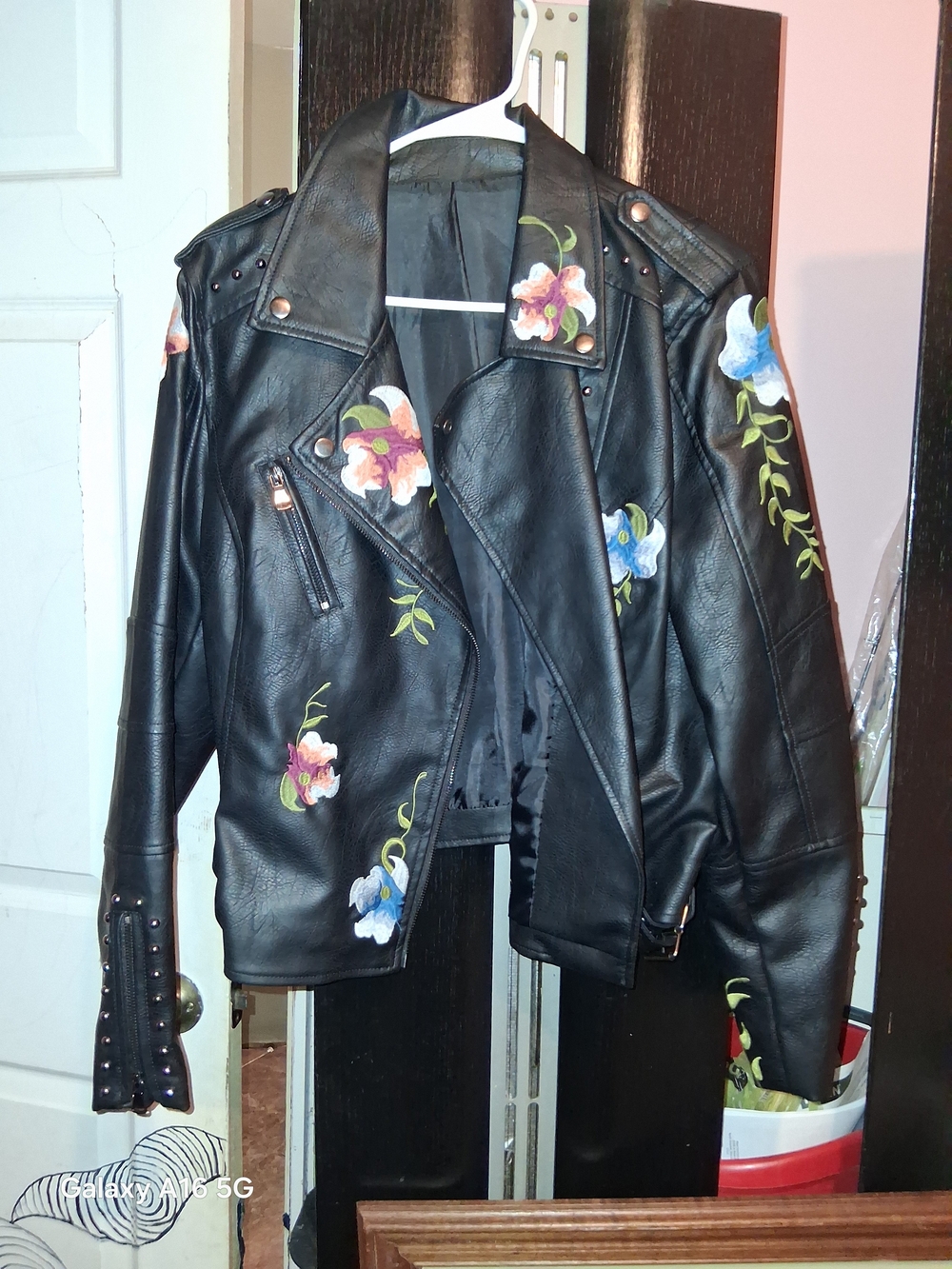 Source Unknown Black Faux Leather Moto Jacket with Floral Embroidery